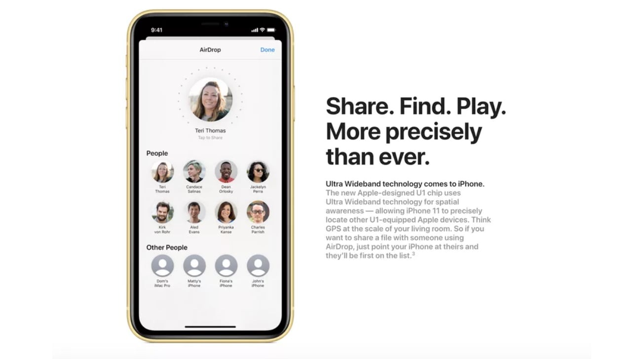 Apple's iPhone 11 product page detailing the inclusion of the U1 chip in 2019.